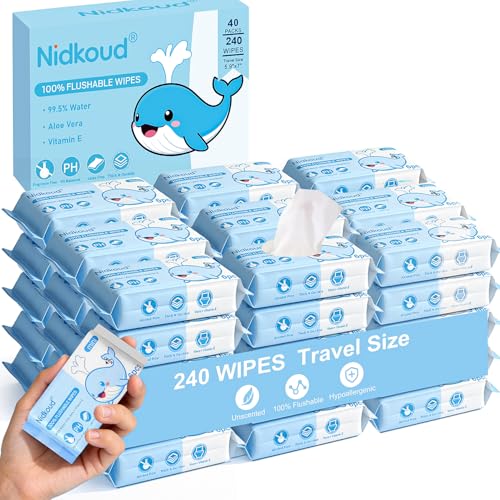 Nidkoud Travel Flushable Wipes, 240 Wipes (40 Pack) 99.5% Water & Plant-Based, Mini Wet Wipes with Aloe for Sensitive Skin, Septic Safe Unscented for Adults & Kids, Travel Essentials for On-The-Go