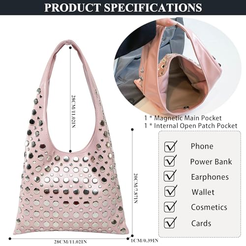 Studded Purses Y2K 90s Hobo Bags Trendy Shoulder Punk Handbag Soft Faux Leather Underarm Satchels Tote Handbags4