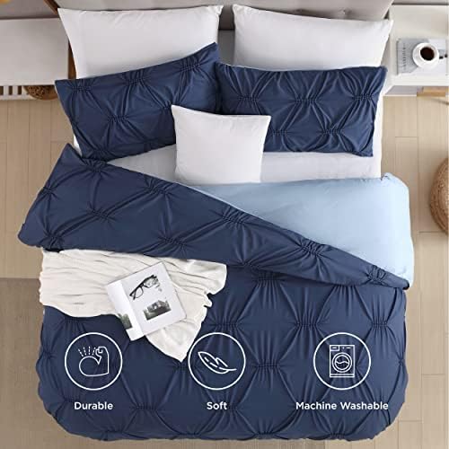 Bedsure Pintuck Duvet Cover Set Double - Navy Blue Double Bedding Set with Zipper Closure, Reversible Pinch Pleated Quilt Cover with 2 Pillowcases, 200x200 cm