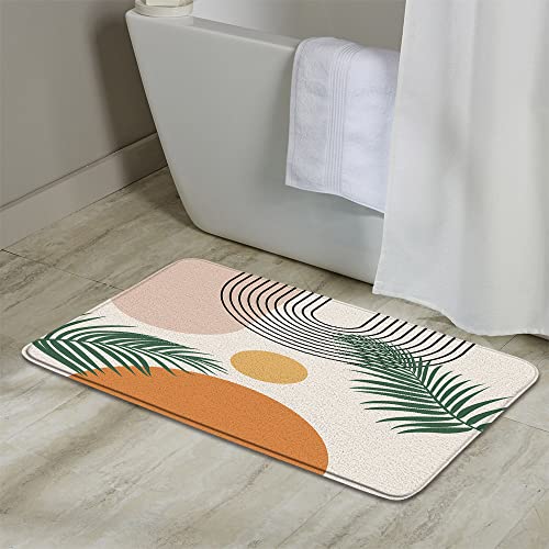 Mid Century Bath Mat Abstract Minimalism Bathroom Rug Boho Sun Tropical Palm Leaves Geometric Arched Curve Neutral Non-Slip Carpet Bedroom Kitchen Indoor Floor Decor 29.5W X 17.7H Inch #TOP2