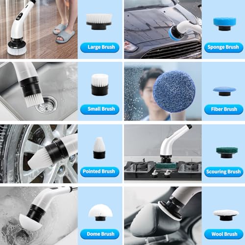 Image of SINZUX Electric Spin Scrubber, Electric Cleaning Brush with 8 Interchangeable Brush Heads, Electric Scrubbing Brush with LED Indicator and Adjustable Extension Handle for Bathroom, Kitchen