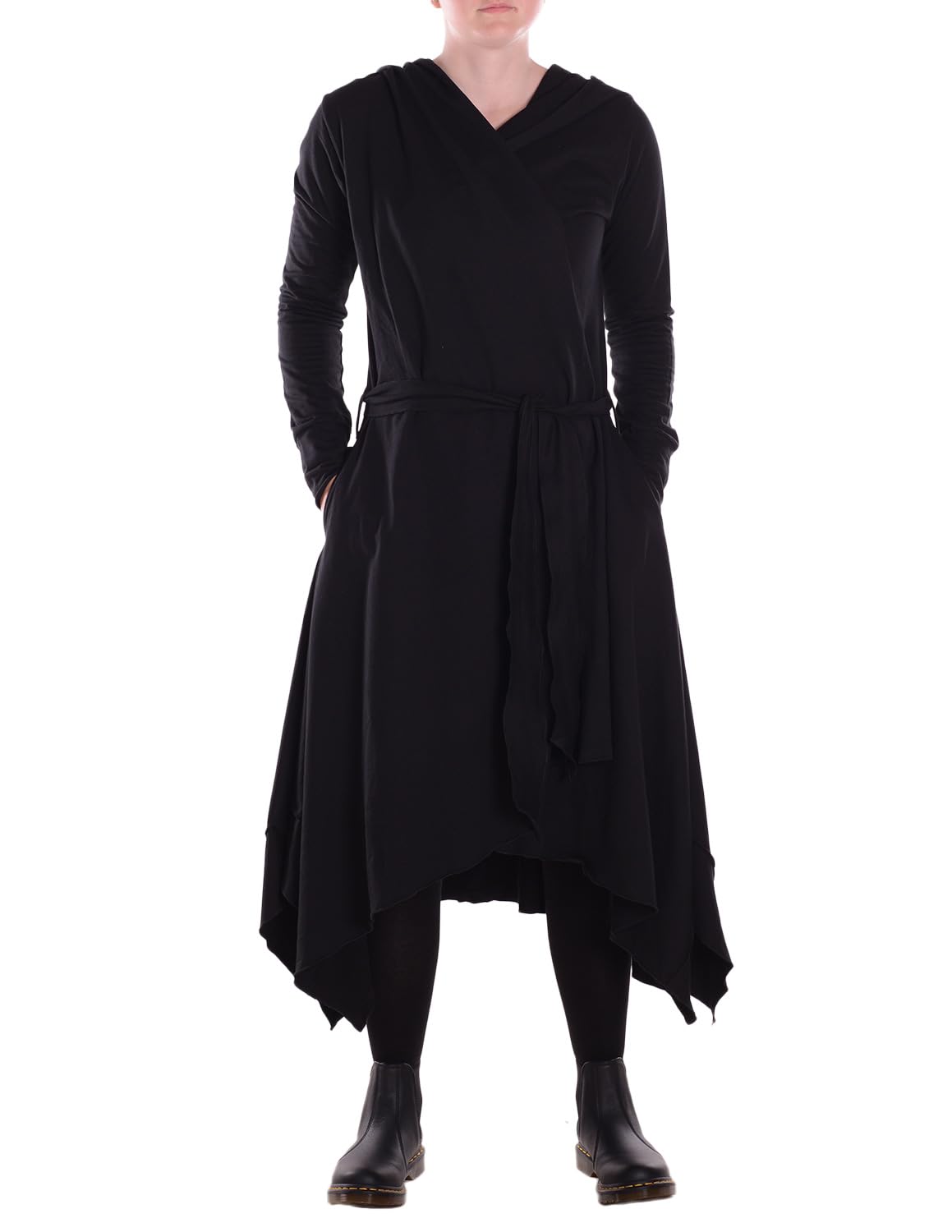 Vishes - Langer asymmetrischer Baumwoll-Überwurf mit Kapuze, Taschen, Daumenlöchern und Gürtel - Alternative Bekleidung