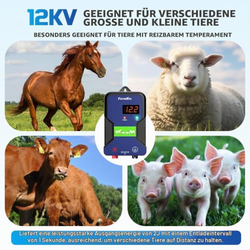 FarmNix 12V Weidezaungerät, 15km Reichweite mit LED Anzeige, 2 Joule / 12kV