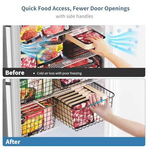 Image of iSPECLE Freezer Organizer Bins - 4 Pack Upright Freezer Baskets for 16 /17 /21 Cu.Ft Stand Up Freezer, Wire Storage Slide-Out Access, Prevents Items Falling, 2 Large and 2 Medium, Black