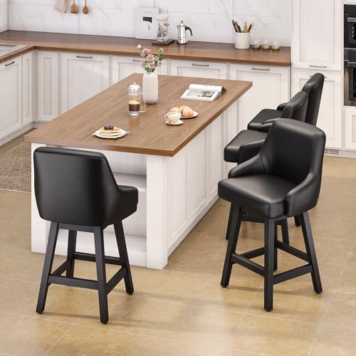 Image of YaFiti Swivel Counter Height Bar Stools Set of 4, 24 inch Modern Faux Leather Barstool with Back, Widen Upholstered Seat, Hardened Wood Legs for Kitchen Counter, Island, Dining Room, Black