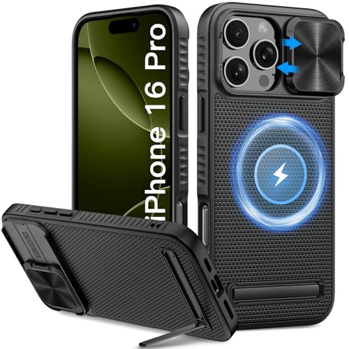 Image of Vihibii for iPhone 16 Pro Case with Slide Camera Lens Cover & Kickstand, [Compatible with MagSafe], Military-Grade Drop Protection, Shockproof Magnetic Phone Case for iPhone 16 Pro 6.3 inch 5g 2024, Black