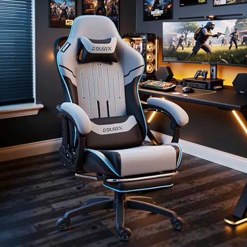 Dowinx Gaming Chair Big and Tall, 350LBS Heavy Duty PC Gaming Chair with Massage & Footrest, Ergonomic Reclining Gamer Chair with Embroidered Esports Design, Grey