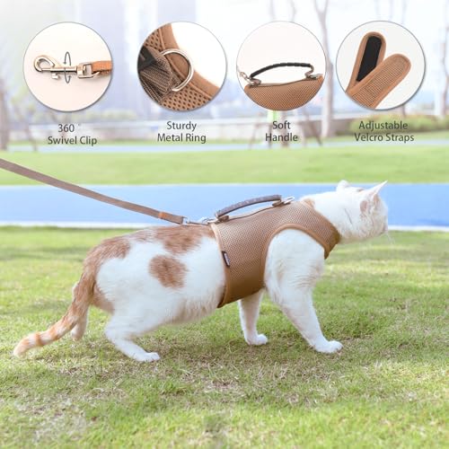Image of Kitty Harness and Leash for Walking Escape Proof Breathable Mesh Fabric, Solid Brown, X-Small, Adjustable Cat Walking Jackets with Handle, Padded Stylish Cat Vest