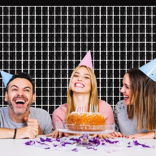 Image of GOER Black Party Backdrop Metallic Tinsel Foil Fringe Curtain Photo Booth Props for New Year's Eve Graduation Halloween Birthday Casino Theme Party Holiday Celebration Party Decorations (2 Packs)