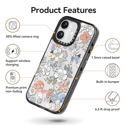 Coque iPhone 16 durable de haute qualité noire à imprimé fleurs de 6,1" - 5
