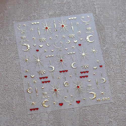 Image of Gold Nail Stickers Star Moon Nail Decals with Red Rhinestone Design Figure Nail Art Stickers 5D Embossed Self Adhesive Heart Nails Decals Charms Supply for Women Girls Manicure DIY Decoration