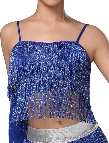 Image of SEAUR Soft Lined Tassel Cami Top Fringe Dance Top Women's Dance Tops Sequin Top Elastic Hem Belly Dance Outfit Festival Outfit Blue M