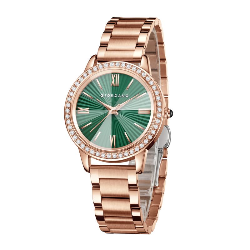 Image of Giordano Analog Watch for Women with Sunray Round Dial, Crystal Studded Bezel, Roman Numerals Markers, Quartz Movement and Rose Gold Stainless Steel Strap - GZ-60118