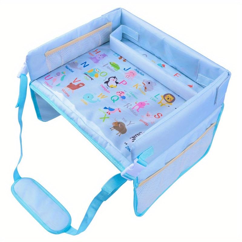 Image of Car Seat Tray for Kids - Toddler Travel Essential Car Activity Table, Waterproof Snack Tray for Eating, Lap Desk Organizer, Airplane Travel Essentials, Girl Boys Car Accessories - Blue