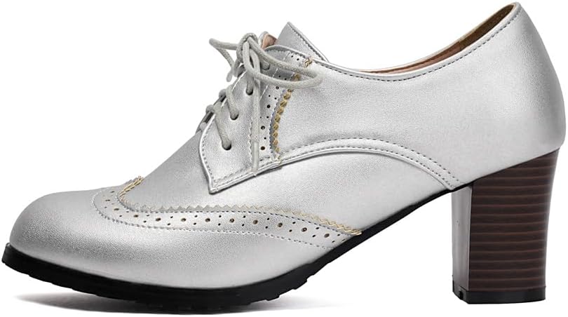 Women's Lace Up Wingtip Oxford Pumps Brogues Perforated Chunky Block High Heel Vintage Dressy Shoes