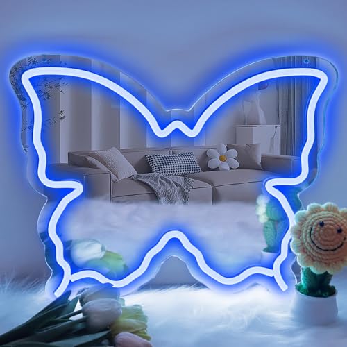 Image of Butterfly Neon Sign Mirror, Neon Sign for Wall Decor, LED Butterfly Light with Dimmable Brightness, 15.7 inch x 12 inch Mirror Neon Sign for Girls Room, Teen Bedroom Decor, Birthday Party Gift, USB Powered Blue