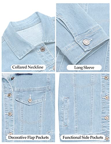 Vetinee Women's Azure Mood Basic Stretch Fitted Casual Button Down Truker Denim Jacket Long Sleeve Pockets Jean Coat Medium #TOP5