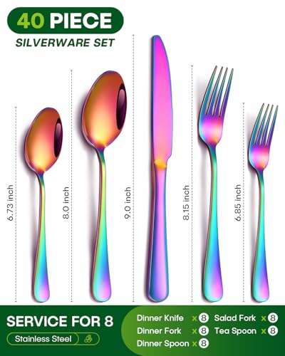 Image of PHILIPALA 40 Piece Rainbow Silverware Set, Stainless Steel Flatware Set for 8 Colorful Novelty Flatware Cutlery Utensil Set Include Knife Fork Spoon Food Grade Mirror Polished Dishwasher Safe