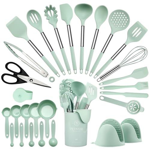 Hvygss 28 Pcs Silicone Cooking Utensils Set with Stainless Steel Handle, 446℉ Heat-Resistant Kitchen Utensils Set with Holder, Dishwasher Washable Silicone Spatula for Non-stick Cookware (Light Green)