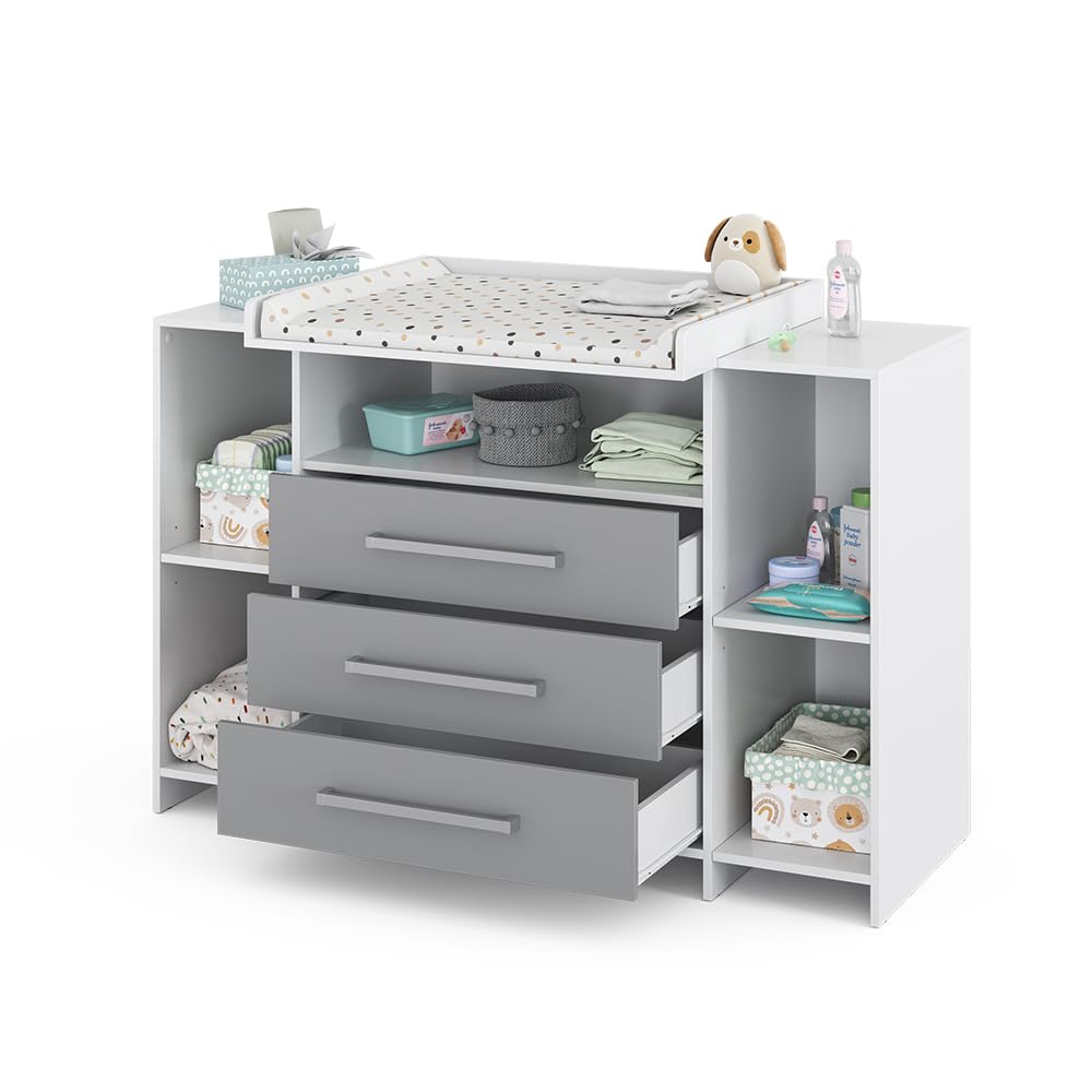 Vicco Cómoda Cambiador Oskar, Blanco/Gris, 143 x 100 cm XL con cajones, Apto como Cambiador con Zona de Almacenamiento Ampliable