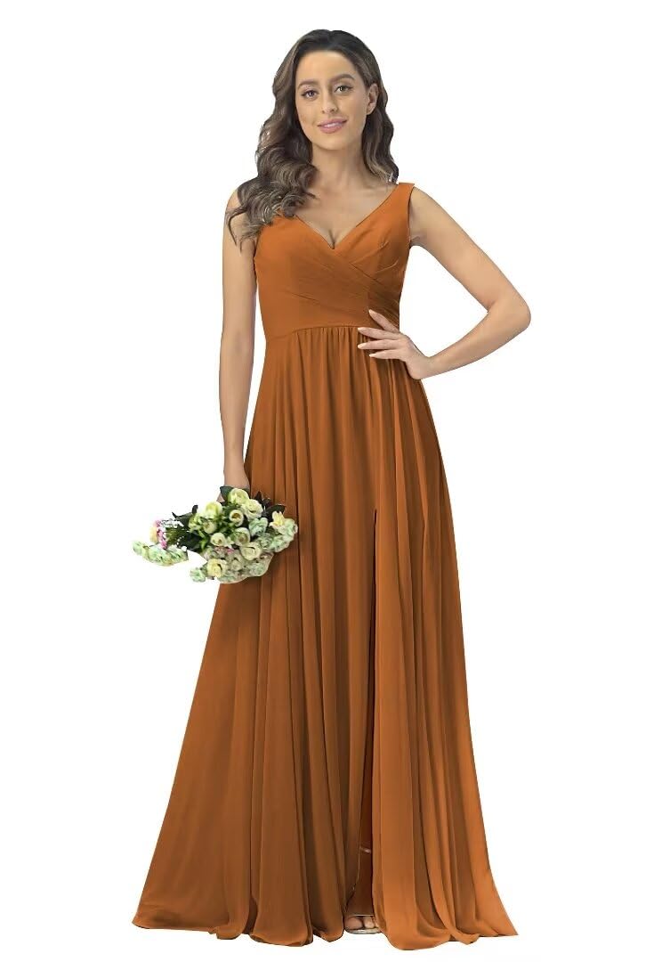 Split V Neck Bridesmaid Dresses Long Aline Pleated Chiffon Prom Dress Maxi Dress for Women
