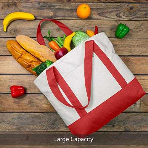 Image of TOPDesign 1-Pack Canvas Tote Bag with an External Pocket, Reusable Grocery Shopping Bag, Top Zipper Closure, Daily Essentials (Red /Natural)