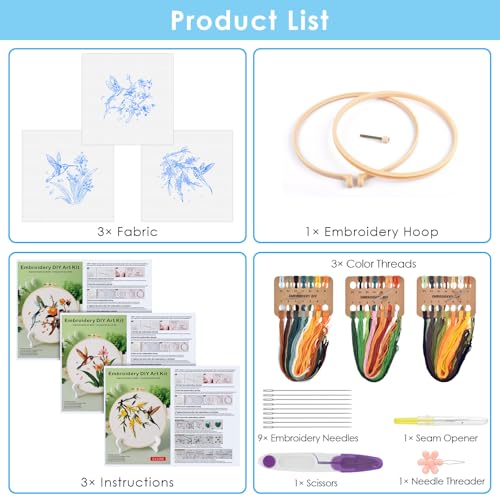 ERKOON 3 Sets Embroidery Kit, Hummingbird Cross Stitch Set for Include Embroidery Cloth Hoops Threads for Craft Lover Hand Stitch (Hummingbird) by ERKOON - Image 4