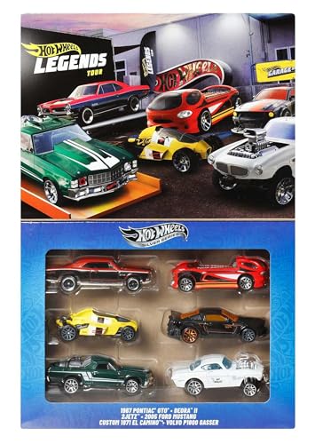 Hot Wheels HW Legends Coches y camiones, conjunto de seis vehículos metálicos de juguete a escala 1:64 con diseño de primera categoría (los estilos pueden variar), JBY78