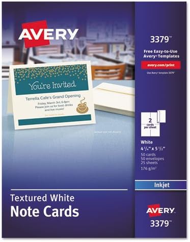 AVERY Textured Note Cards, Inkjet, 4 1/4 x 5 1/2, Uncoated White, 50/Bx w/Envelopes