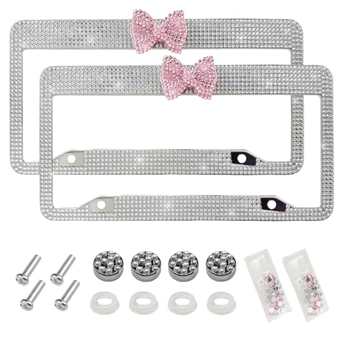 DXNQ 2 PCS Bling License Plate Frame, Handcrafted Rhinestone License Plate Frame with Ribbon Bow, Bling Stainless Steel License Plate Frame with Mounting Kit, Car Accessories (White+Pink)