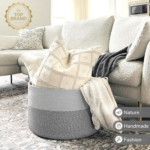 Image of INDRESSME Extra Large Laundry Basket, Cotton Rope Blanket Basket for Nursery Living Room, Decorative Woven Storage Basket with Handles for Dirty Clothes, Toy Bin For Dog Toys, 21.7 x 13.8 inches, Grey