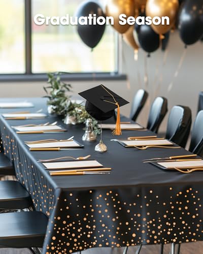 Image of Pureegg Plastic Table Cloth Disposable 10 Pack, 54 x 107 Inch Table Cloths, Graduation Decorations of 2026, Graduation Tablecloths, Rectangle, Plastic Cover, Leakproof & Sturdy, Black and Rose Gold