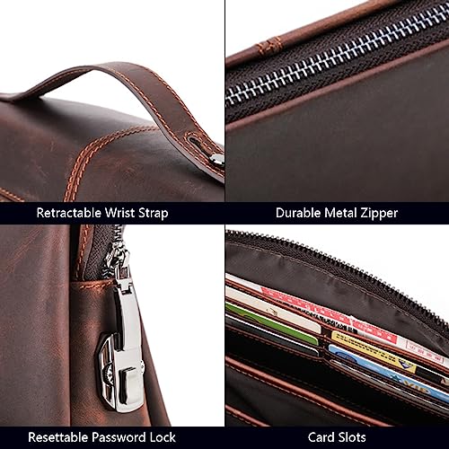 Men's Genuine Leather Handbag Travel Clutch with Wristband, Retro Phone Zipper Pouch Wallet, Large Capacity Business Organizer, Crazy Horse Cow Leather Hand Bag Wristlet Purse for Work Travel Coffee4