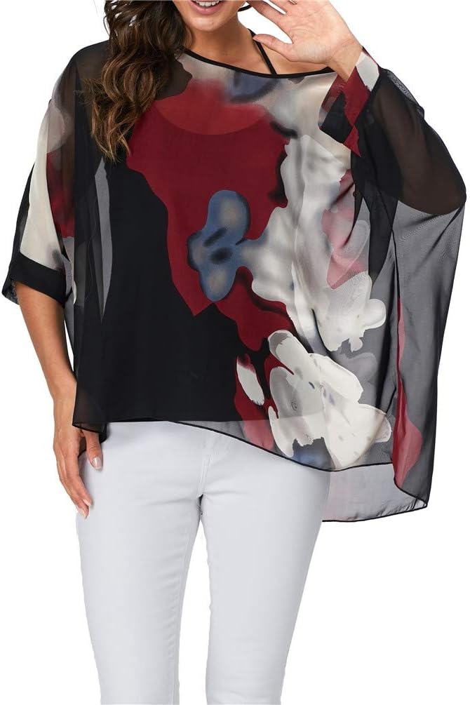 Nicetage Boho Top Sheer Dressy Blouse Chiffon Blouses for Women Sheer Poncho Flowy Batwing Tops Cruise Wear - Image 3