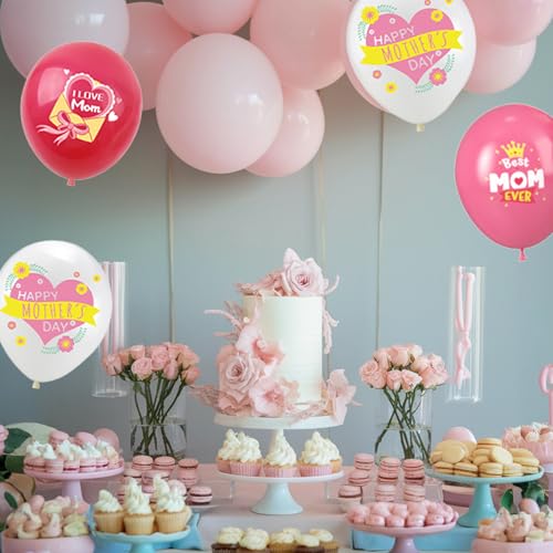 Image of Mother's Day Balloons, 12 Inch Red Light Pink White Love You Mom Balloons with Heart Pattern for Women Mother's Day Party Mom Birthday Decorations