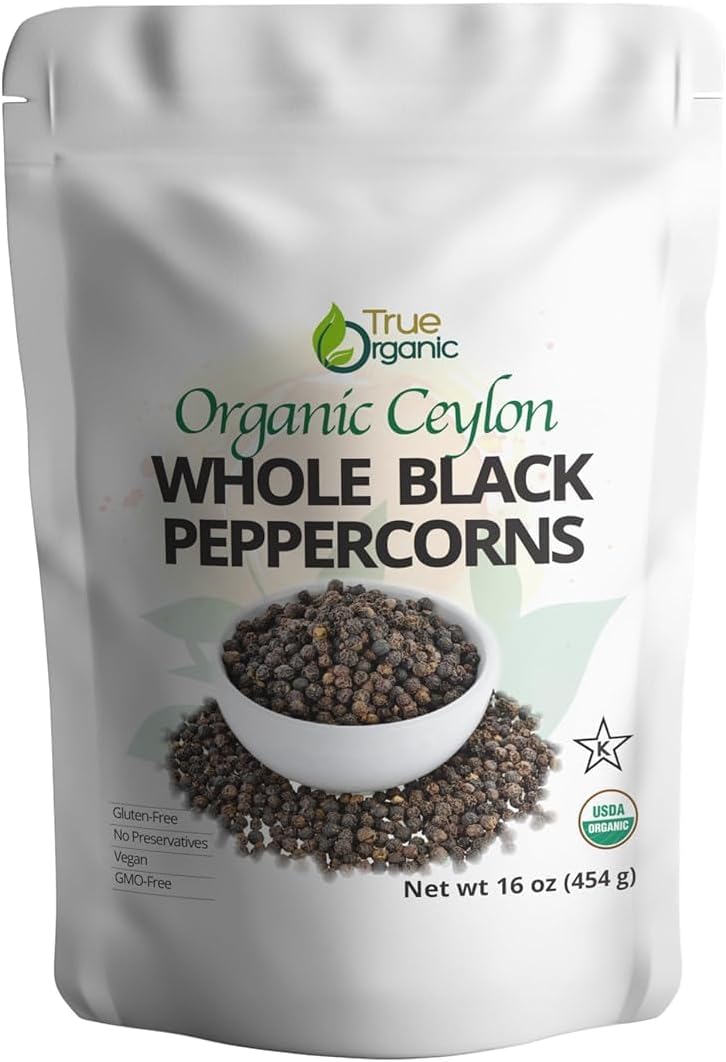 True Organic Ceylon Black Peppercorns Whole 16 Oz - USDA & Kosher Certified , Gluten-Free & Non-GMO Peppercorns , Pure Ceylon Premium Quality & Perfect for Grinder Refill [ Bulk , 1 lb ]