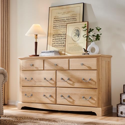 T4TREAM 7 Drawers Dresser Chests for Bedroom, Wood Vintage Chests of Drawers, Rustic Dressers Chset Organizer for Bedroom, Living Room, Hallway, Natural Oak