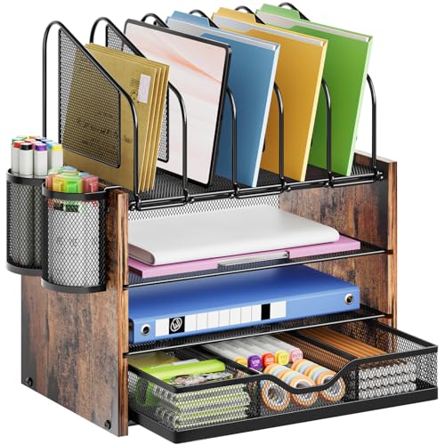 Image of Marbrasse Desk organizer with Drawer, 4-Tier Wooden File Organizer with 5 Vertical File Holders and 2 Pen Holders, Desk Organizers and Accessories for Home Office - Dark Brown