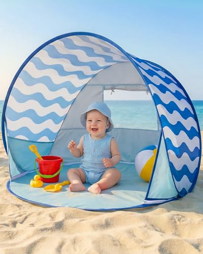 Apojungle Pop Up Baby Beach Tent - Baby Tent for Toddler Beach Essentials with UPF 50+ UV Protection Canopy, Portable 41.4 x 35.5 x 31.5 in Sun Shade Summer Outdoor for Infants (Blue Wave Stripes)