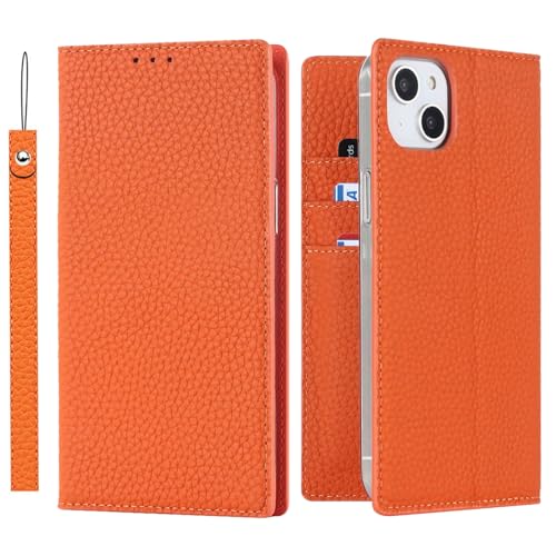 Étui à rabat iPhone 15 Plus cuir orange, coque protection intégrale