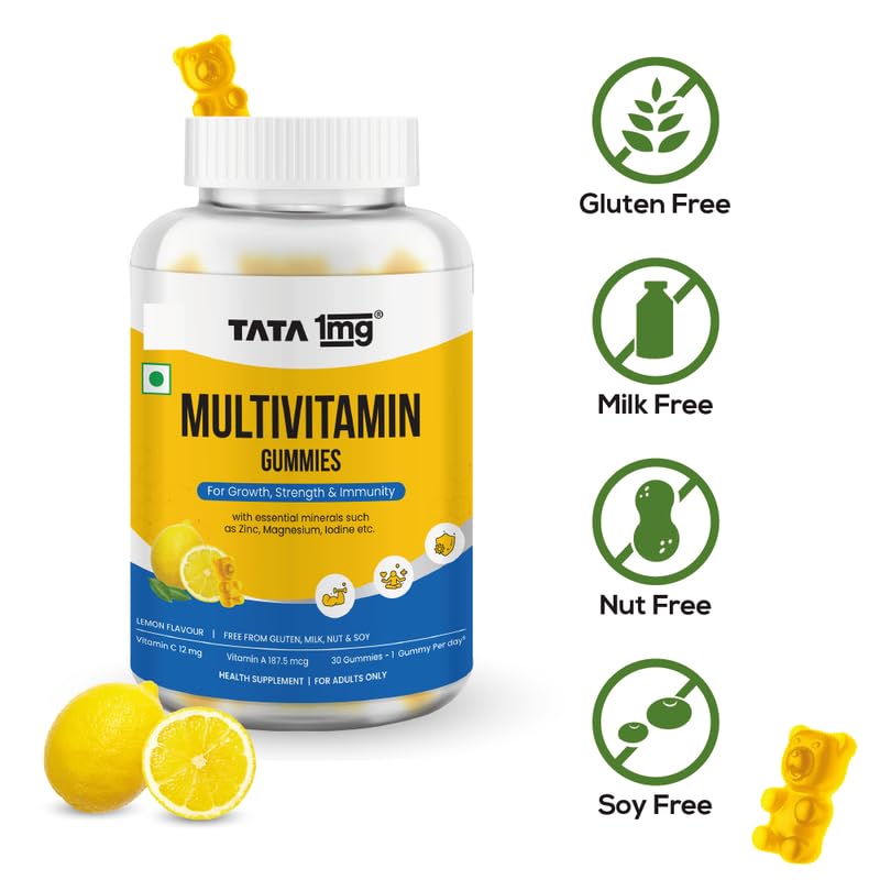 Image of Tata 1mg Multivitamin Gummies With Zinc, Magnesium and Folic Acid for Immunity & Energy (Pack of 30 Gummies, Lemon Flavour)