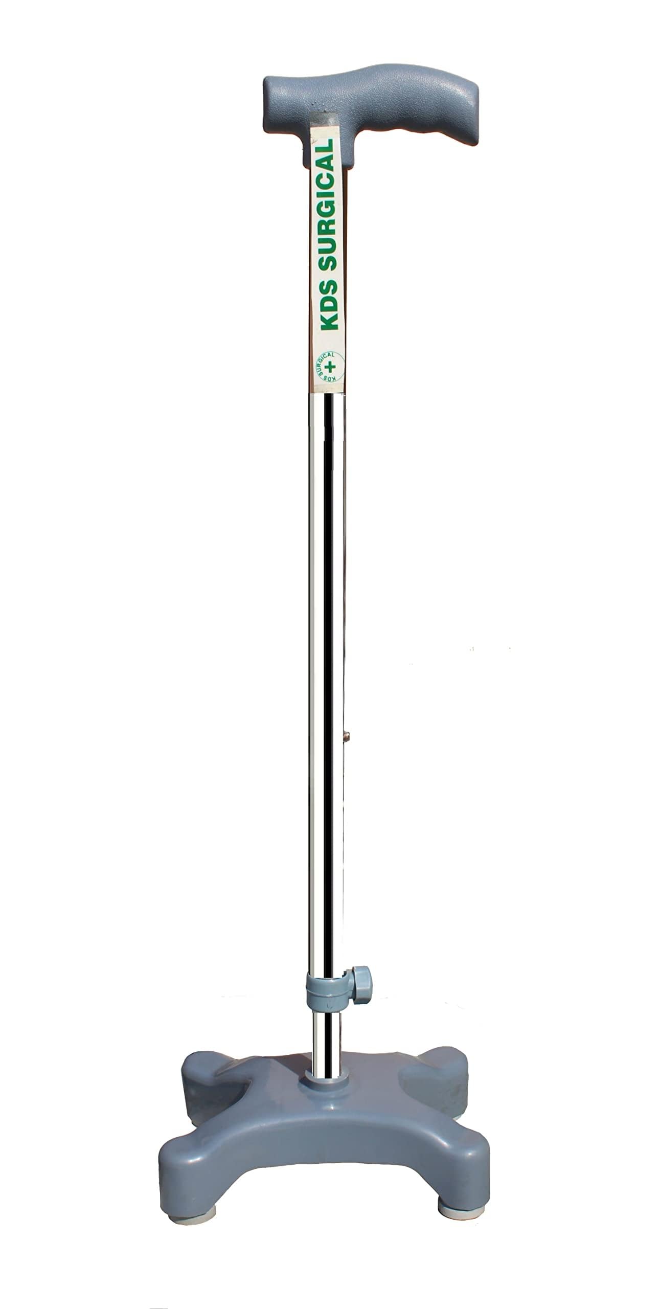 Kds Surgical Quad Cane 4 Leg PVC Quadripod Chrome Height Adjustable Men Women Old People Patient Walking Stick - Grey and Steel (38 inch)