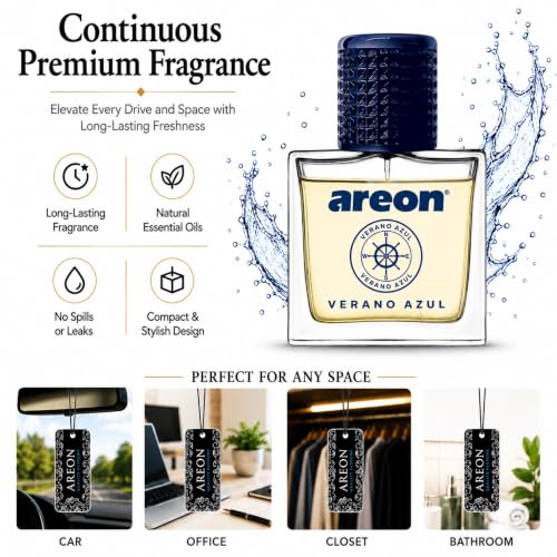 Image of AREON MCP07 Car Perfume 1.7 Fl Oz. (50ml) Glass Bottle Car Air Freshener Spray, Verano Azul (Seashore Freshness)