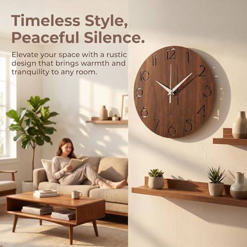 Nicunom 12 Inch Wooden Wall Clock, Cut-Out Numbers Design, Rustic Country Style Wall Clocks, Silent Non-Ticking, Decor for Home Living Room Bedroom Kitchen Office - Battery Operated - Image 3