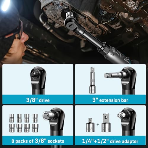 Extended Cordless Electric Ratchet Wrench: 66 Ft-lbs Power Ratchet Wrench 3/8", Brushless Motor, Variable Speed Trigger, 2 Pack 21V Batteries & Charger, 8 Sockets, 1/4"& 1/2" Adapter, 3" Extension Bar