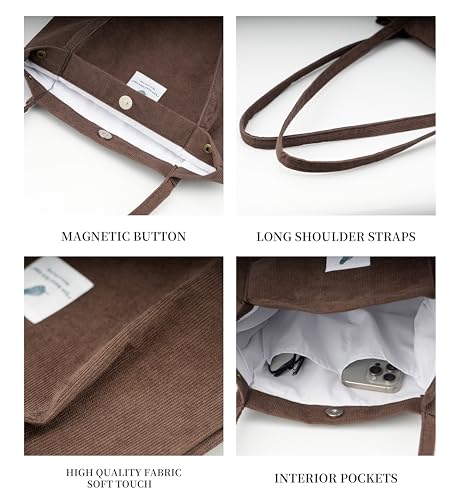 Image of Corduroy Tote Bag Cute Tote Bags for Women Shoulder Bag with Inner Pocket for Work Beach Travel and Shopping Grocery