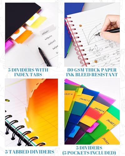 Image of 5-Subject Spiral Notebook, College Ruled, with Pocket & Tab Dividers | 300 Pages, 11 inch Ruler, 8.5 inchx11 inch Pale Pink, Pocket Dividers with Labels, for Writing Journal, Home, Office & School Supplies