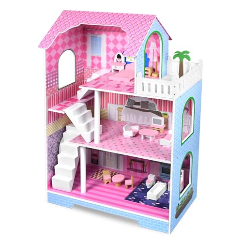 LILIIN Casa delle bambole in legno, Dollhouse, casa delle bambole in legno MDF e casetta per bambole, 3 piani, casa delle bambole con mobili, accessori, per bambini, ragazze (tipo B, 70 x 30 x 100 cm)