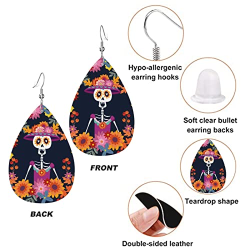 Dia De Los Muertos Mexican Day Skull Faux Leather Teardrop Earrings for Women Drop Dangle Earrings Gift3