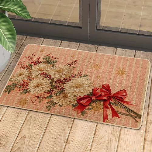 Zerbino floreale con pesche, zerbino con crisantemo dorato, per decorazioni autunnali e natalizie, in gomma, impermeabile, antiscivolo, assorbe la polvere, facile da pulire, 73 x 43 cm